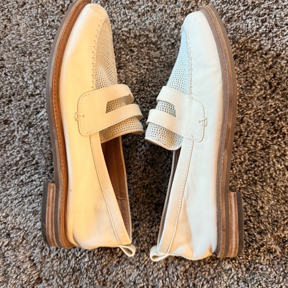 Kelsi Dagger Brooklyn White Leather Knit Lens Penny Loafer Flats Women Size 8.5